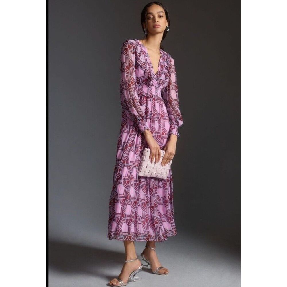 New Anthropologie The Odetta Ruffled V-Neck Dress Size Small
